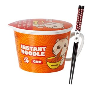 topwck 34oz large microwavable ceramic ramen bowl with lid, handle, chopsticks, cute anime japanese instant noodle cooker soup bowl, gift for teens kids (cat)