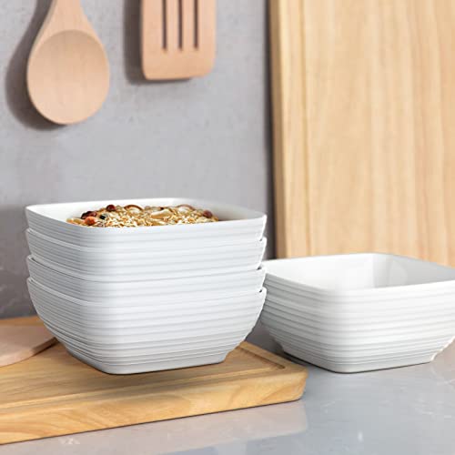 MEKY Cereal Bowls, Porcelain 20 Ounce Square Embossed Salad Bowls Set of 6, Ceramic 5.9 Inch Bowls for Soup, Snack, Dessert and Marmalade, Serving Bowls Set, Dishwasher & Microwave Safe - White