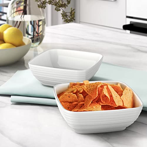 MEKY Cereal Bowls, Porcelain 20 Ounce Square Embossed Salad Bowls Set of 6, Ceramic 5.9 Inch Bowls for Soup, Snack, Dessert and Marmalade, Serving Bowls Set, Dishwasher & Microwave Safe - White