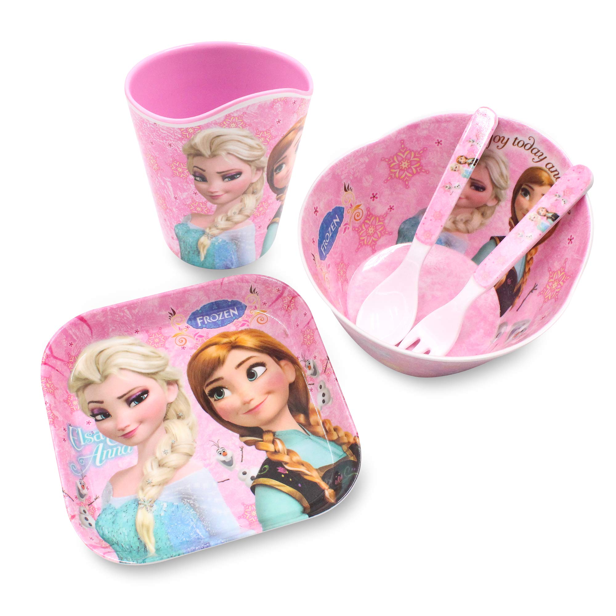 Finex Frozen Queen Elsa Princes Anna 5 Pcs Set Cartoon Durable Tableware Meal Dishes Mealtime Set includes Dinner Serving Bowl Plate Cup with a Matching Spoon & Fork