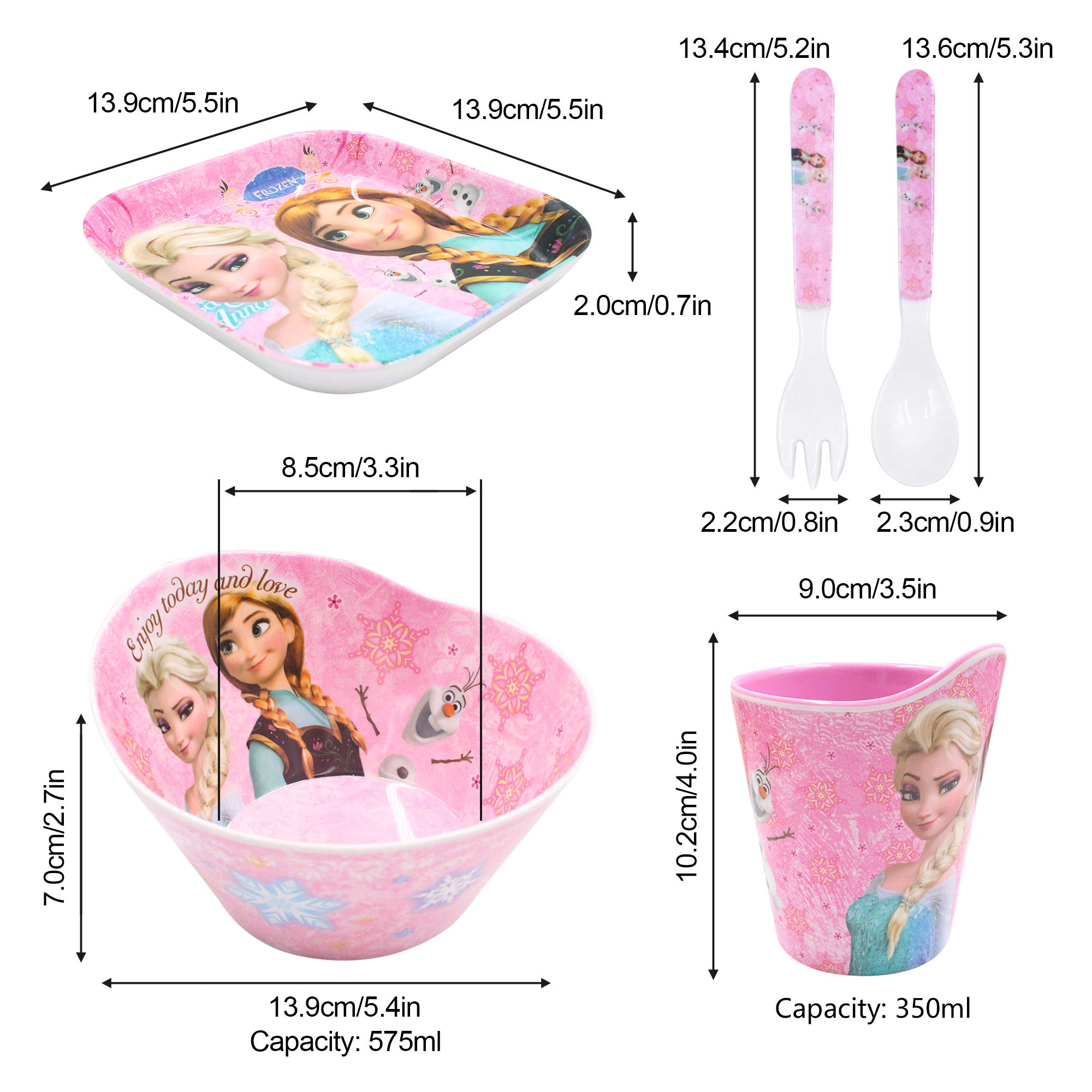 Finex Frozen Queen Elsa Princes Anna 5 Pcs Set Cartoon Durable Tableware Meal Dishes Mealtime Set includes Dinner Serving Bowl Plate Cup with a Matching Spoon & Fork