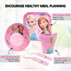 Finex Frozen Queen Elsa Princes Anna 5 Pcs Set Cartoon Durable Tableware Meal Dishes Mealtime Set includes Dinner Serving Bowl Plate Cup with a Matching Spoon & Fork