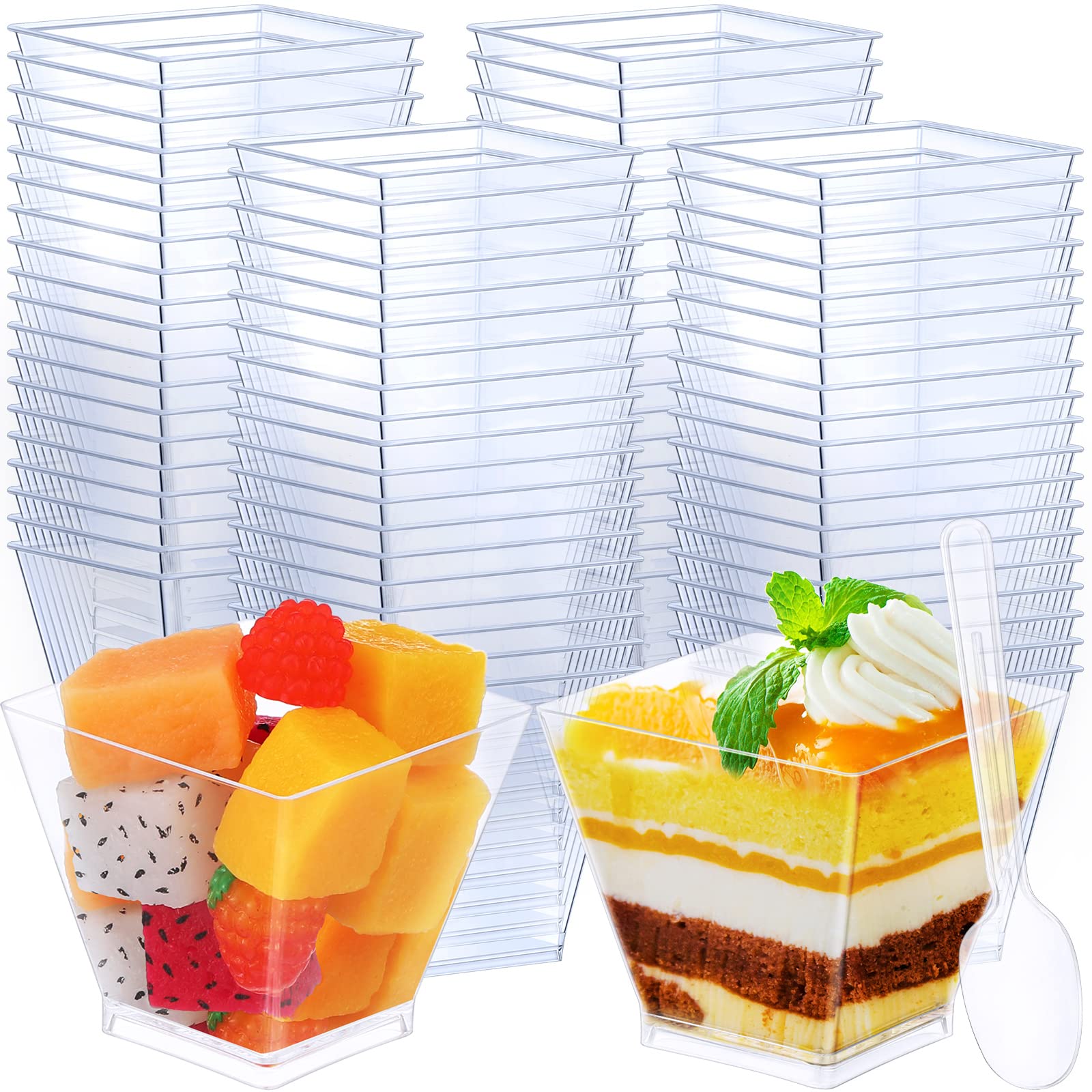 Suclain 200 Pack Dessert Cups with Spoons, Square Clear Plastic Appetizer Parfait Cups Disposable Dessert Tumbler Cups for Tasting Party Appetizers Fruit Parfait Trifle Mousse Pudding (2 Oz)