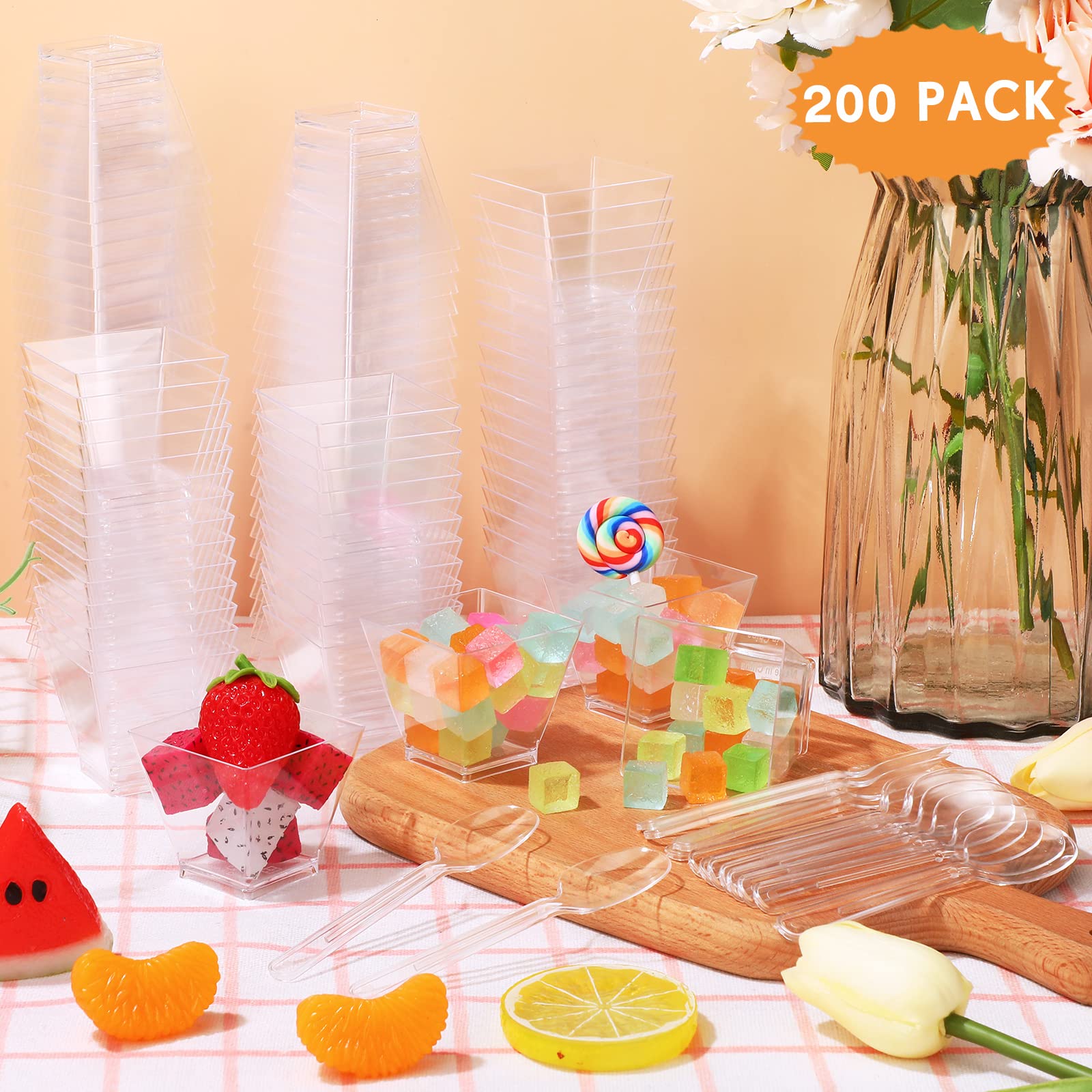 Suclain 200 Pack Dessert Cups with Spoons, Square Clear Plastic Appetizer Parfait Cups Disposable Dessert Tumbler Cups for Tasting Party Appetizers Fruit Parfait Trifle Mousse Pudding (2 Oz)