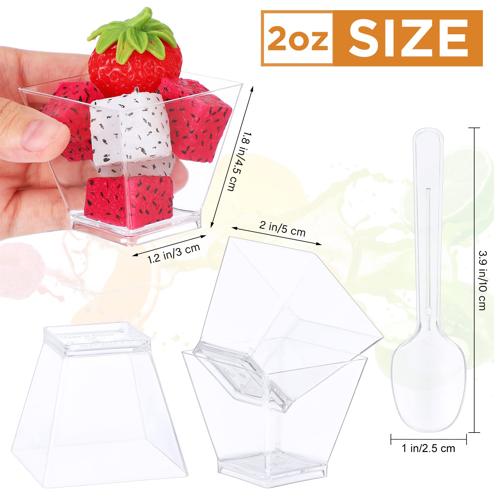 Suclain 200 Pack Dessert Cups with Spoons, Square Clear Plastic Appetizer Parfait Cups Disposable Dessert Tumbler Cups for Tasting Party Appetizers Fruit Parfait Trifle Mousse Pudding (2 Oz)