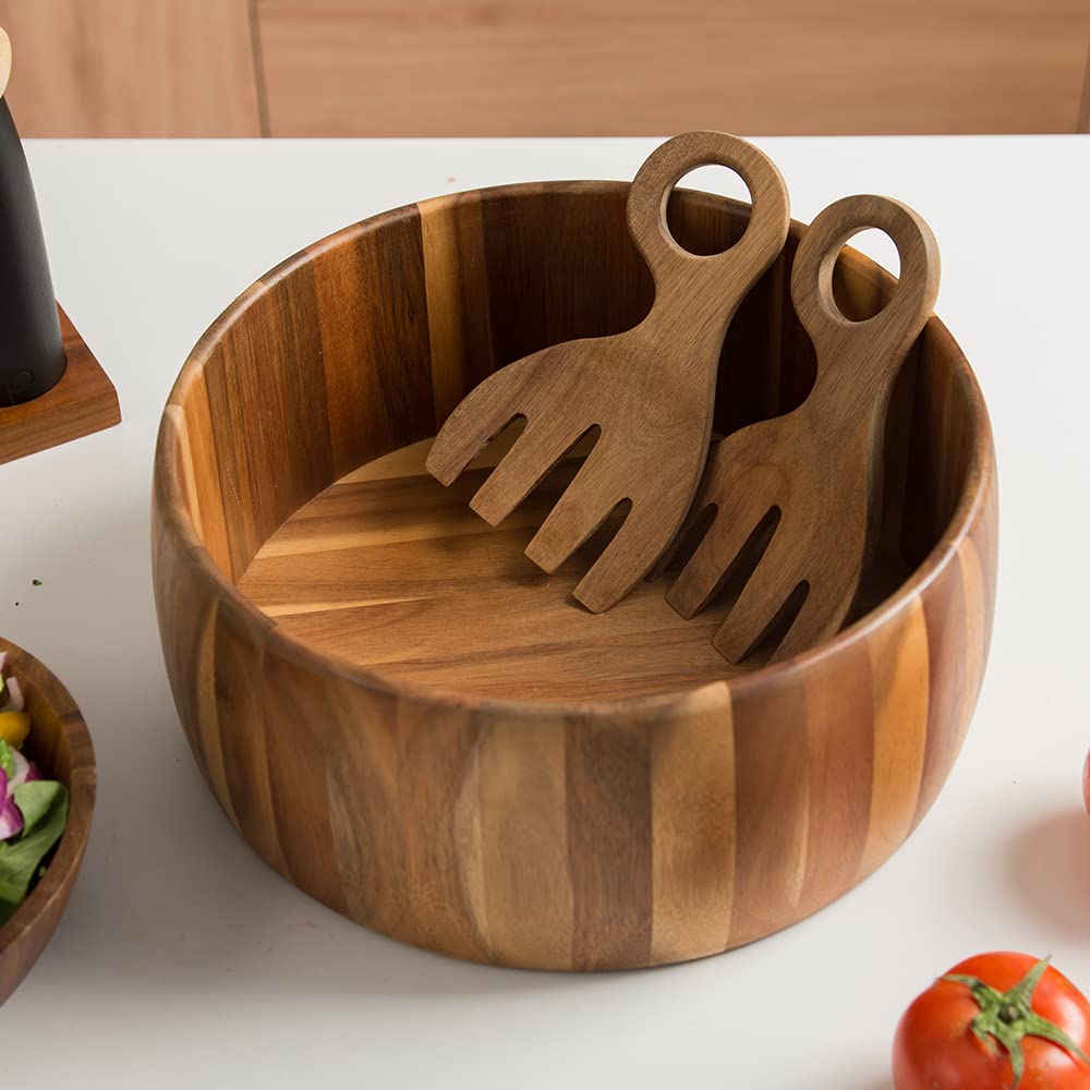 Decent Vrvege Wood Salad Bowl with Salad Hands, Large 12 5/8 inch Acacia Wooden Salad Serving Bowl Set, Salad Mixing Container With Salad Servers Claw For Entertaining Family Party Dinner