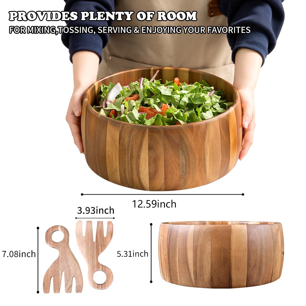 Decent Vrvege Wood Salad Bowl with Salad Hands, Large 12 5/8 inch Acacia Wooden Salad Serving Bowl Set, Salad Mixing Container With Salad Servers Claw For Entertaining Family Party Dinner