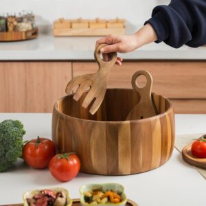 Decent Vrvege Wood Salad Bowl with Salad Hands, Large 12 5/8 inch Acacia Wooden Salad Serving Bowl Set, Salad Mixing Container With Salad Servers Claw For Entertaining Family Party Dinner