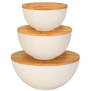 shineme salad bowl with lid, natural bamboo fiber serving bowls set of 3 with utensils & lids, mixing bowls for preparing, storing and serving for cereal, fruit,chips, bread(10",8",6")
