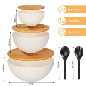 ShineMe Salad Bowl with Lid, Natural Bamboo Fiber Serving Bowls Set of 3 with Utensils & Lids, Mixing Bowls for Preparing, Storing and Serving for Cereal, Fruit,Chips, Bread(10",8",6")