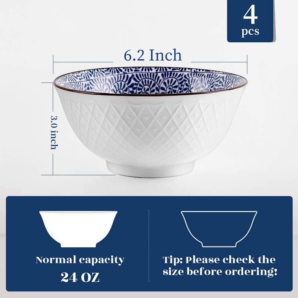 Y YHY 24 OZ Ceramic Bowls Set of 4 - Japanese Bowls for Ramen, Soup, Cereal, Fruit, Salad, Pasta - Porcelain Bowls for Kitchen Decor & Housewarming Gift - Dishwasher & Microwave Safe