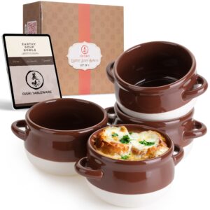 french onion soup crocks oven safe - french onion soup bowls- set of 4 (16 oz) oven, broiler, microwave & dishwasher safe glazed ceramic soup bowls with handles. digital recipe book included- oishi
