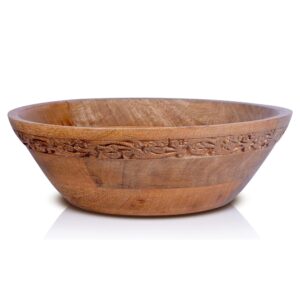 jasmine large wooden bowl (medium burnt, 12 x 4.5 x 11) – mango wood decorative bowl for veggies, fruits, & more – handmade wooden serving bowl w/ 3 felt pads - modern rustic home decorations