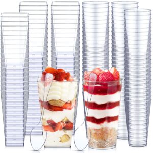 100 Set 3 oz Mini Dessert Cups with Spoons Round Clear Plastic Parfait Appetizer Cup Square Parfait Cups Disposable Shooter Cups Small Mousse Cups for Tasting Trifle Desserts Puddings, 2 Styles