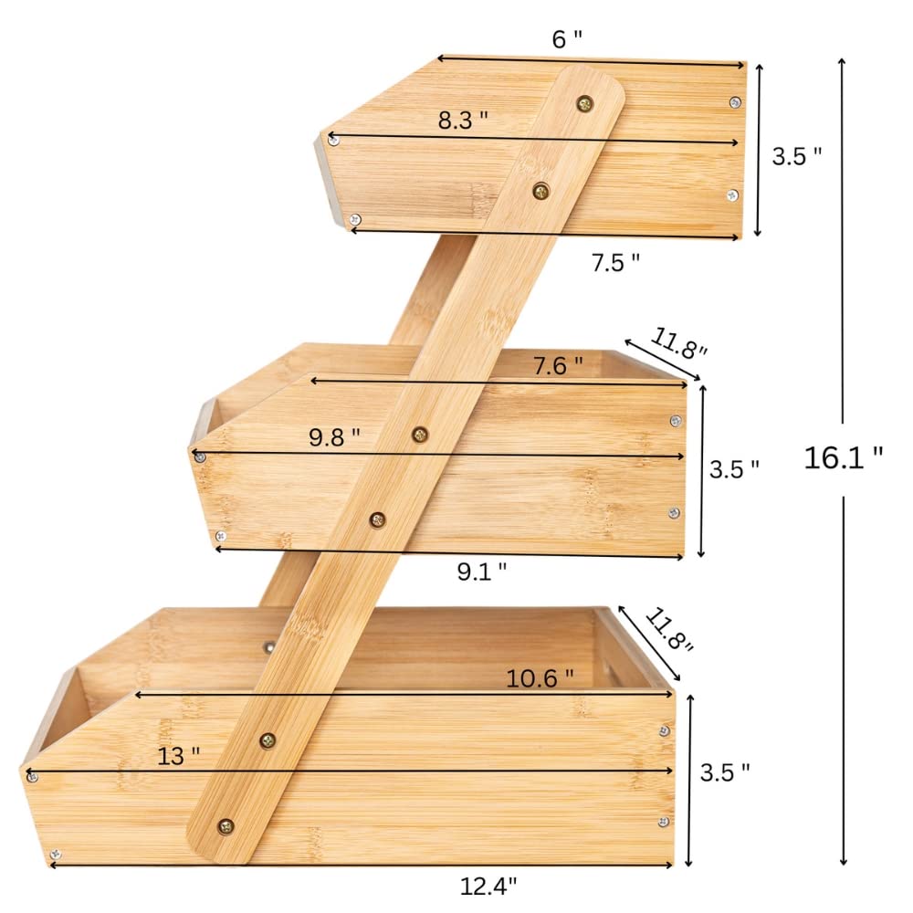 Atigo 3-Tier Bamboo Fruit Baskets/Bowls Kitchen Countertop Storage. Serves as the Perfect Potato, Bread, Vegetable, Snack, Fruteros Para Cocina Organizer/Produce Holder for Your Counter