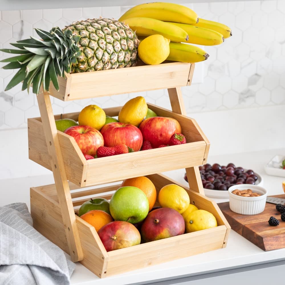 Atigo 3-Tier Bamboo Fruit Baskets/Bowls Kitchen Countertop Storage. Serves as the Perfect Potato, Bread, Vegetable, Snack, Fruteros Para Cocina Organizer/Produce Holder for Your Counter