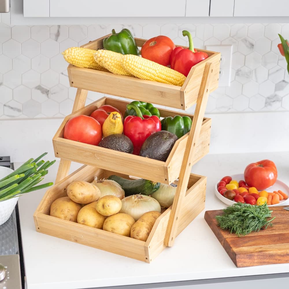 Atigo 3-Tier Bamboo Fruit Baskets/Bowls Kitchen Countertop Storage. Serves as the Perfect Potato, Bread, Vegetable, Snack, Fruteros Para Cocina Organizer/Produce Holder for Your Counter