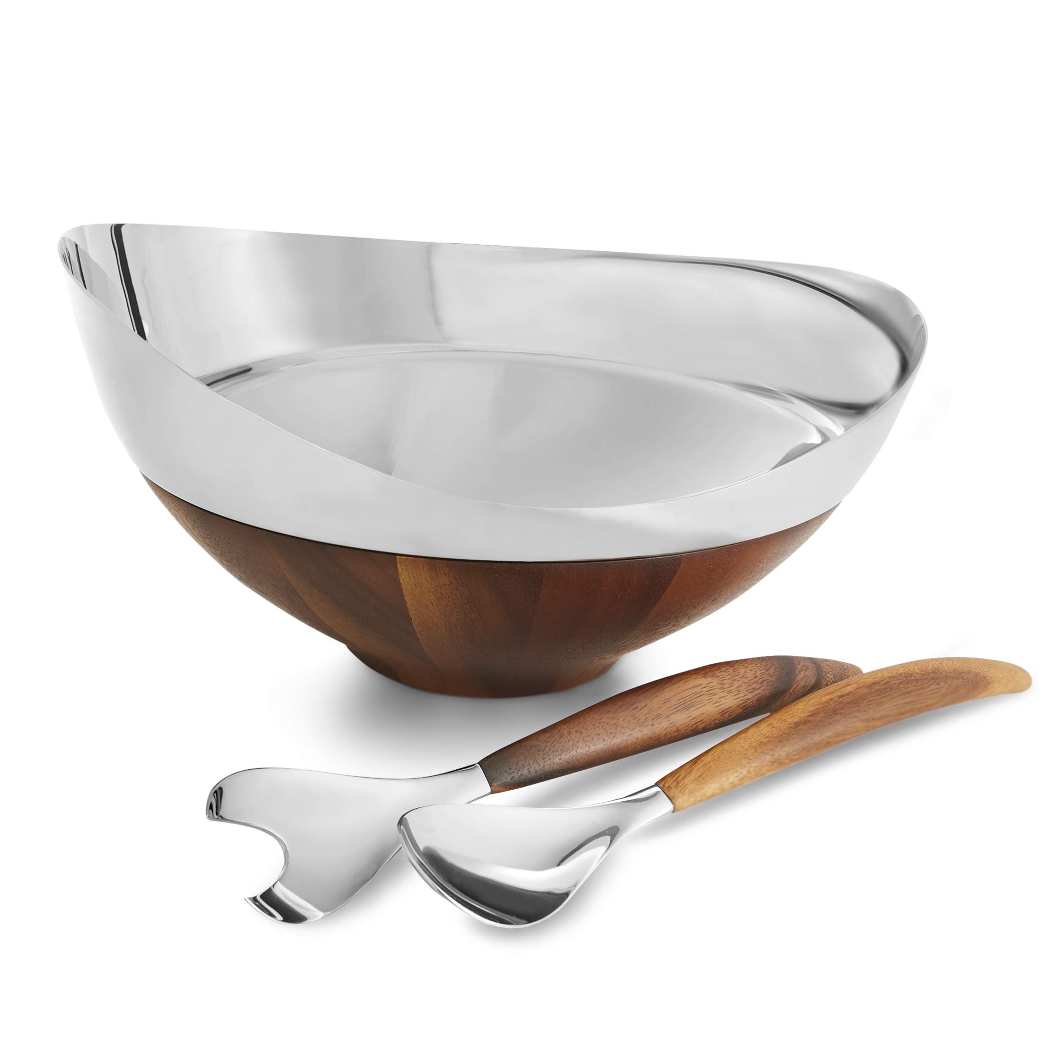 nambe Pulse Salad Bowl w/Servers | Large 13 Inch Salad Bowl with Serving Utensils | 3 Piece Decorative Wooden Salad Bowl Set | Made of Stainless Steel and Acacia Wood | Bowl is Dishwasher Safe