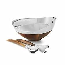 nambe Pulse Salad Bowl w/Servers | Large 13 Inch Salad Bowl with Serving Utensils | 3 Piece Decorative Wooden Salad Bowl Set | Made of Stainless Steel and Acacia Wood | Bowl is Dishwasher Safe