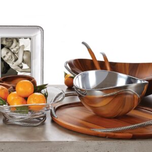 nambe Pulse Salad Bowl w/Servers | Large 13 Inch Salad Bowl with Serving Utensils | 3 Piece Decorative Wooden Salad Bowl Set | Made of Stainless Steel and Acacia Wood | Bowl is Dishwasher Safe