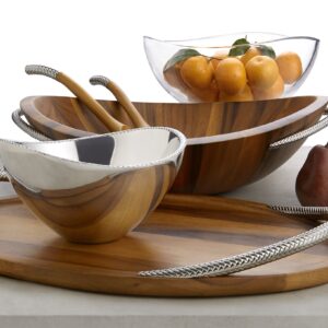 nambe Pulse Salad Bowl w/Servers | Large 13 Inch Salad Bowl with Serving Utensils | 3 Piece Decorative Wooden Salad Bowl Set | Made of Stainless Steel and Acacia Wood | Bowl is Dishwasher Safe