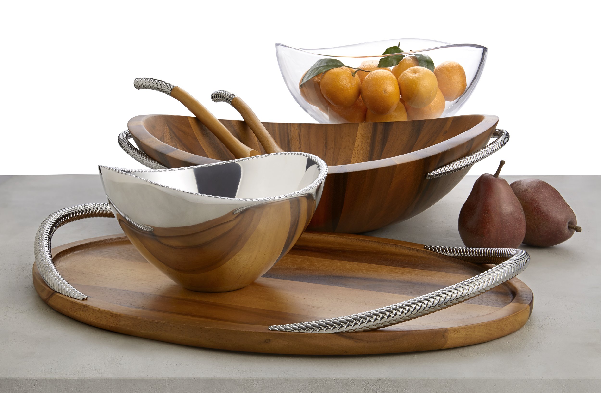 nambe Pulse Salad Bowl w/Servers | Large 13 Inch Salad Bowl with Serving Utensils | 3 Piece Decorative Wooden Salad Bowl Set | Made of Stainless Steel and Acacia Wood | Bowl is Dishwasher Safe