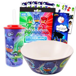 pj masks dinnerware set - bundle with pj masks bowl, pj masks 16oz tumbler with lid and straw, pj masks stickers, more | pj masks dinner set for kids, toddlers