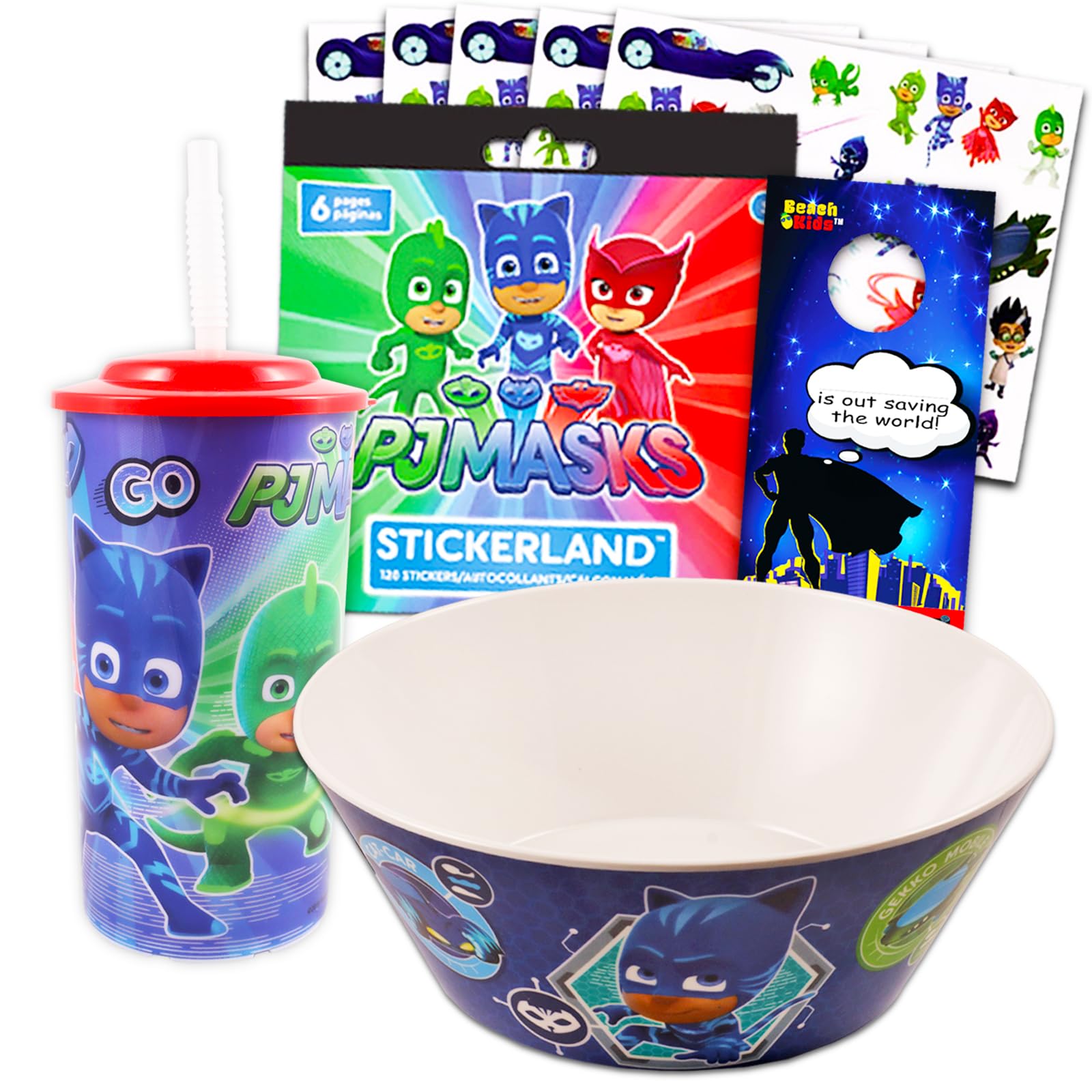 PJ Masks Dinnerware Set - Bundle with PJ Masks Bowl, PJ Masks 16oz Tumbler with Lid and Straw, PJ Masks Stickers, More | PJ Masks Dinner Set for Kids, Toddlers