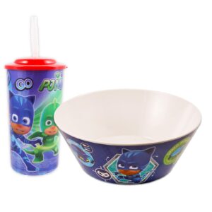 PJ Masks Dinnerware Set - Bundle with PJ Masks Bowl, PJ Masks 16oz Tumbler with Lid and Straw, PJ Masks Stickers, More | PJ Masks Dinner Set for Kids, Toddlers