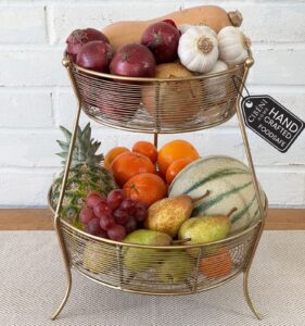 cibeni gold fruit basket stand - 13" x 15"h handcrafted 2 tier fruit basket for kitchen counter fruit holder for kitchen countertop - gold