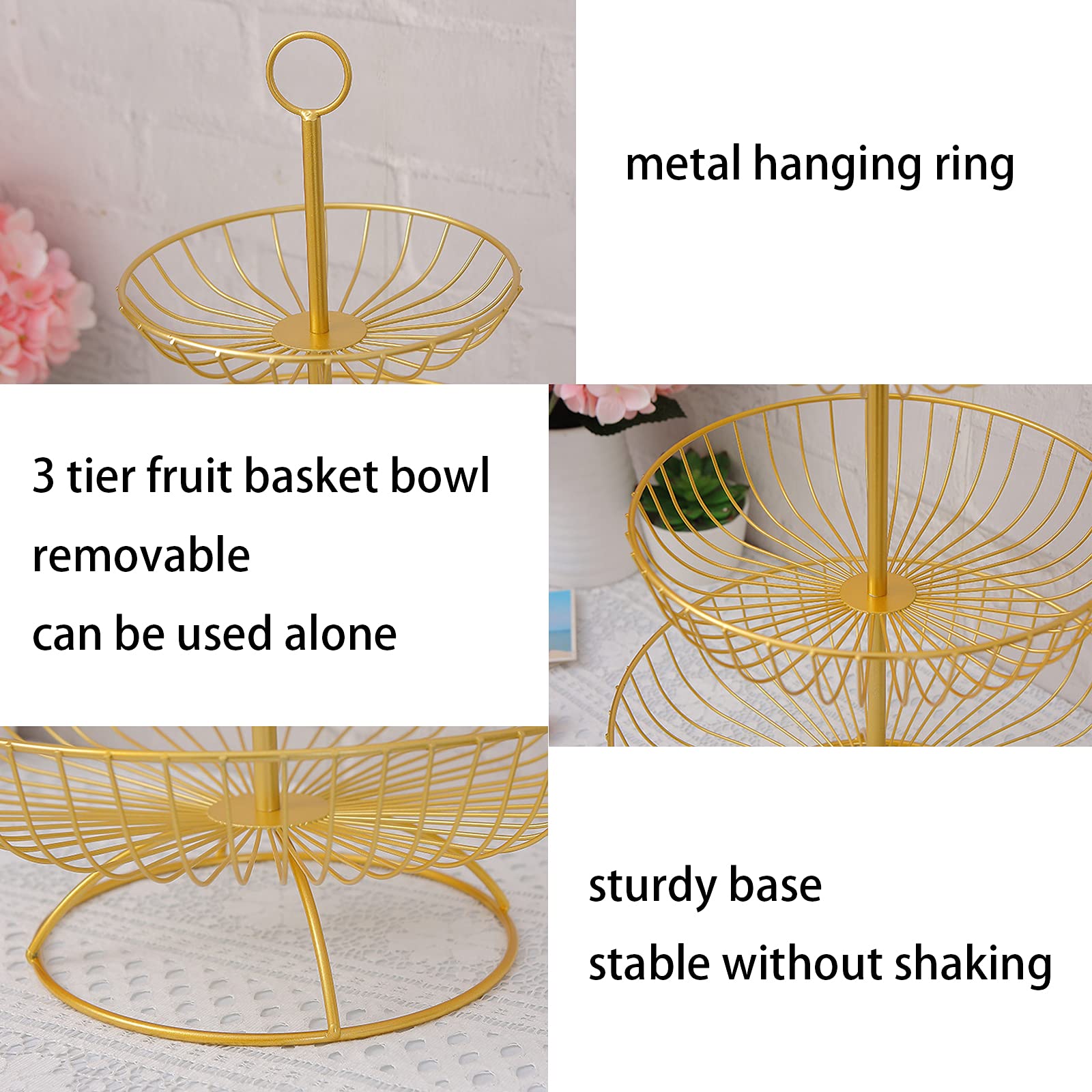 JFFLYIT 3 Tier Fruit Bowl Fruit Basket Countertop Metal Fruit Stand Holder Detachable and Hangable for Fruits Snacks Vegetables