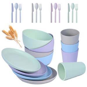 wheat straw dinnerware sets - 24 pcs lightweight bowls unbreakable dish set dishwasher microwave safe wheat straw cups cutlery plates and bowls set for 4 suitable for camping party grill（four colors）