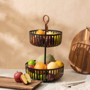 LA JOLIE MUSE 2 Tier Fruit Basket, Countertop Fruit Vegetable Basket Bowl Metal Wire Storage Basket Fruits Stand Holder Organizer for Bread Snack Veggies,matte Black