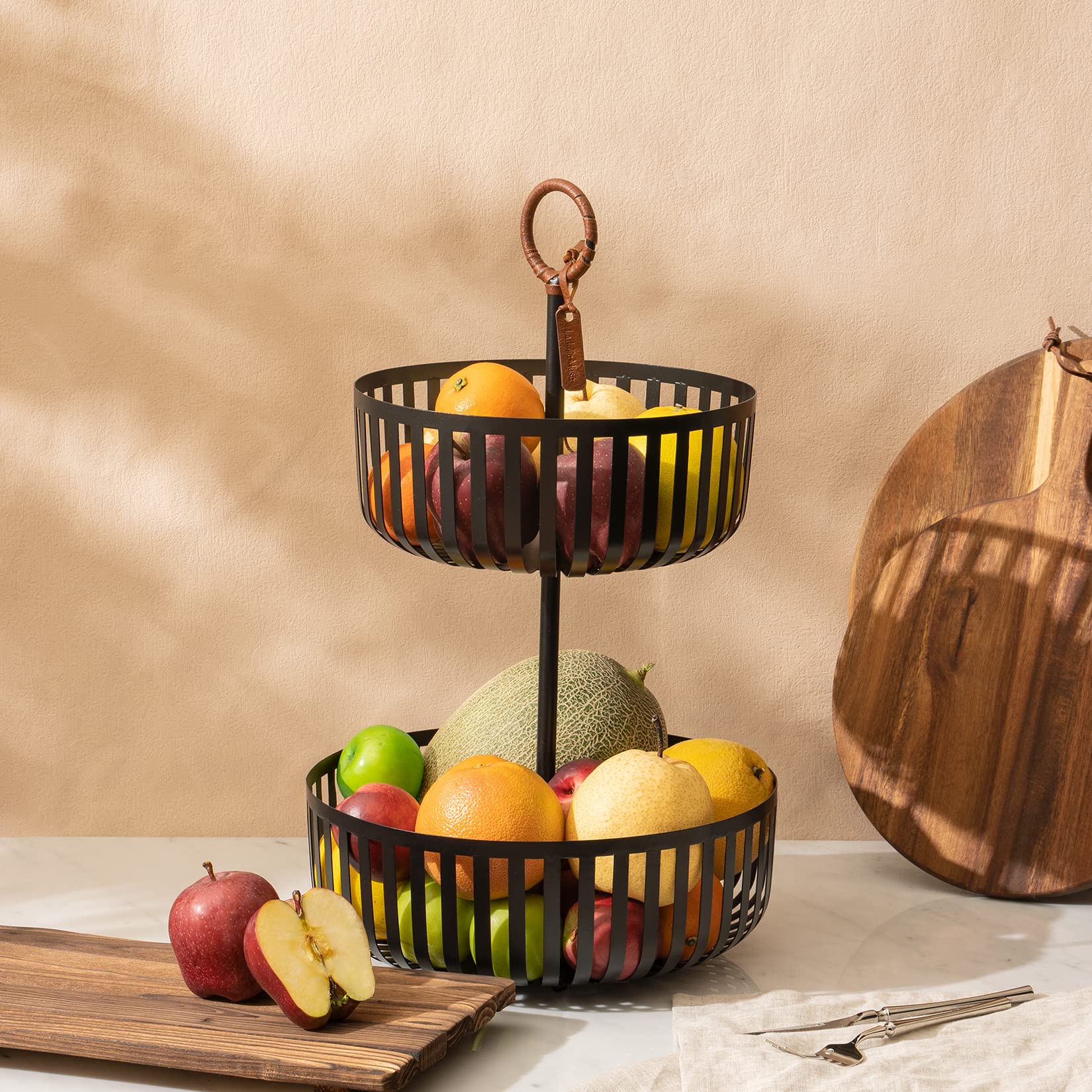 LA JOLIE MUSE 2 Tier Fruit Basket, Countertop Fruit Vegetable Basket Bowl Metal Wire Storage Basket Fruits Stand Holder Organizer for Bread Snack Veggies,matte Black