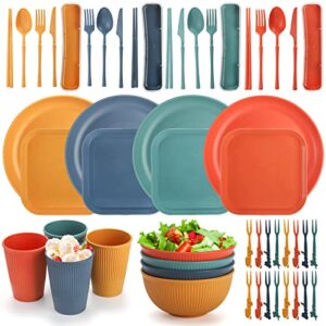 lyellfe 44 pieces wheat straw dinnerware sets, unbreakable camping plates cups and bowls set, eco friendly lightweight kitchen dish with knives, forks, spoons, dishwasher microwave safe