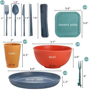 Lyellfe 44 Pieces Wheat Straw Dinnerware Sets, Unbreakable Camping Plates Cups and Bowls Set, Eco Friendly Lightweight Kitchen Dish with Knives, Forks, Spoons, Dishwasher Microwave Safe