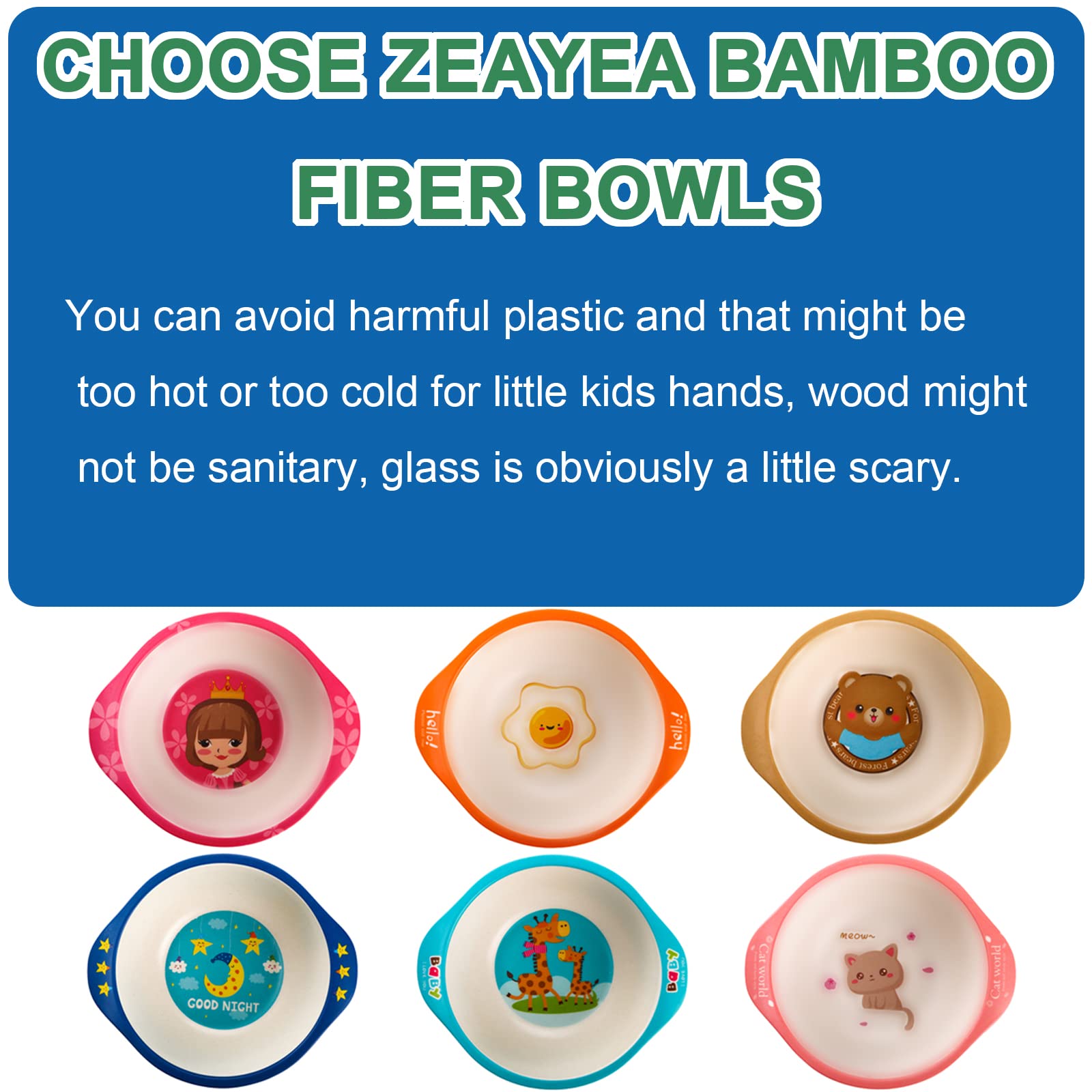 ZEAYEA Set of 6 Kids Bowls, 8 Oz Durable Kids Cereal Bowls, BPA Free Cute Snack Bowls Stackable Bamboo Dinnerware for Serving Soup, Pasta, Fruit, Ice Cream, Cereal, Snacks, Dishwasher Safe