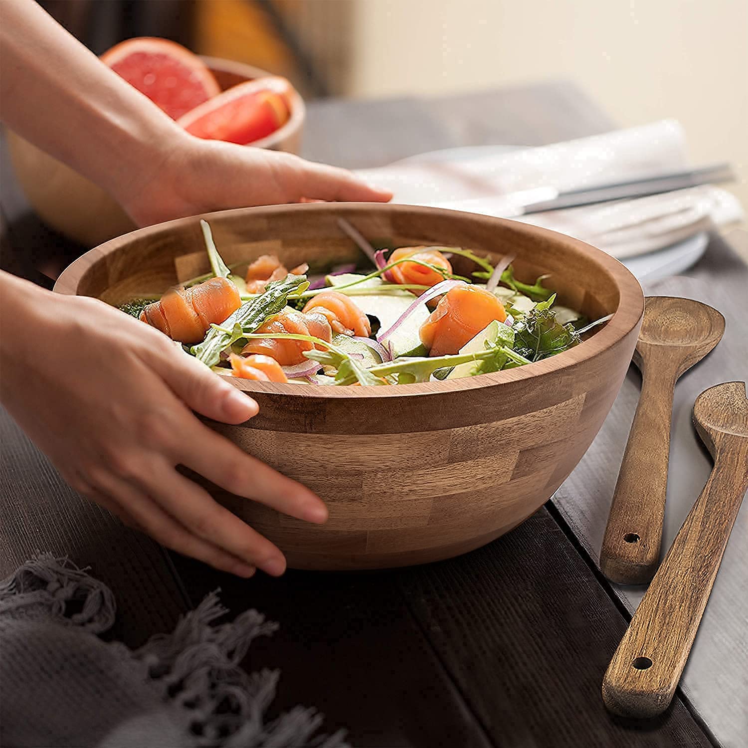 Pak Wooden Salad Bowl Set, Salad Bowl, Large Salad Bowls, Large Wooden Bowls, Salad Mixing Bowl, Wood Serving Bowl, Wood Salad Bowl Set, Salad Bowls Large, Wooden Salad Bowl Sets with Serving Utensils