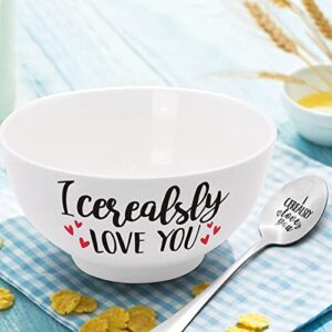 I Cerealsly Love You Bowl and Spoon Set Birthday Retirement Engraved Gift Idea Box Basket for Him Her for Women Man Mom Father Aunt Grandparents Set of 2 Christmas Halloween Thanksgiving Housewarming