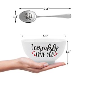 I Cerealsly Love You Bowl and Spoon Set Birthday Retirement Engraved Gift Idea Box Basket for Him Her for Women Man Mom Father Aunt Grandparents Set of 2 Christmas Halloween Thanksgiving Housewarming