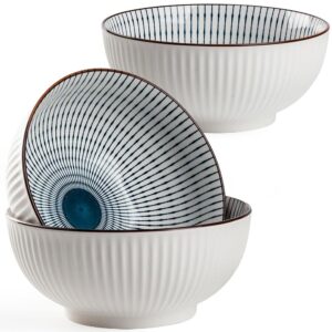 hesen 60 oz large soup bowl, pho bowls, japanese ramen bowl set, big porcelain bowls set of 3, 8 inches, stripe pattern