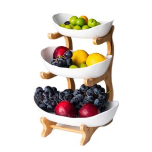 lmaray ceramic fruits bowls - white 3 tier oval bowl set with natural bamboo rack, tiered ceramic serving tray set for sushi, dessert, fruit, vegetables, appetizer, cake, candy, chip dip (white)