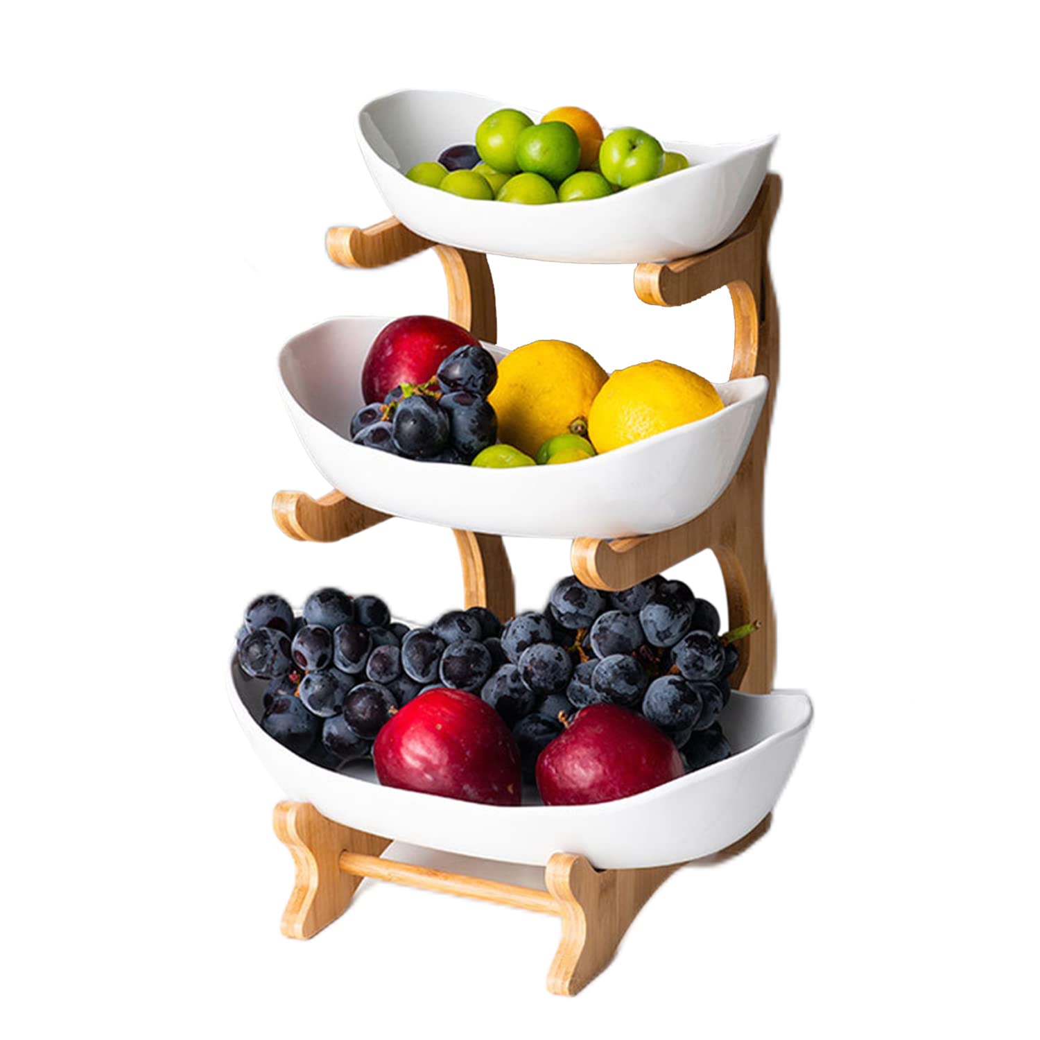 Lmaray Ceramic Fruits Bowls - White 3 Tier Oval Bowl Set with Natural Bamboo Rack, Tiered Ceramic Serving Tray Set for Sushi, Dessert, Fruit, Vegetables, Appetizer, Cake, Candy, Chip Dip (White)