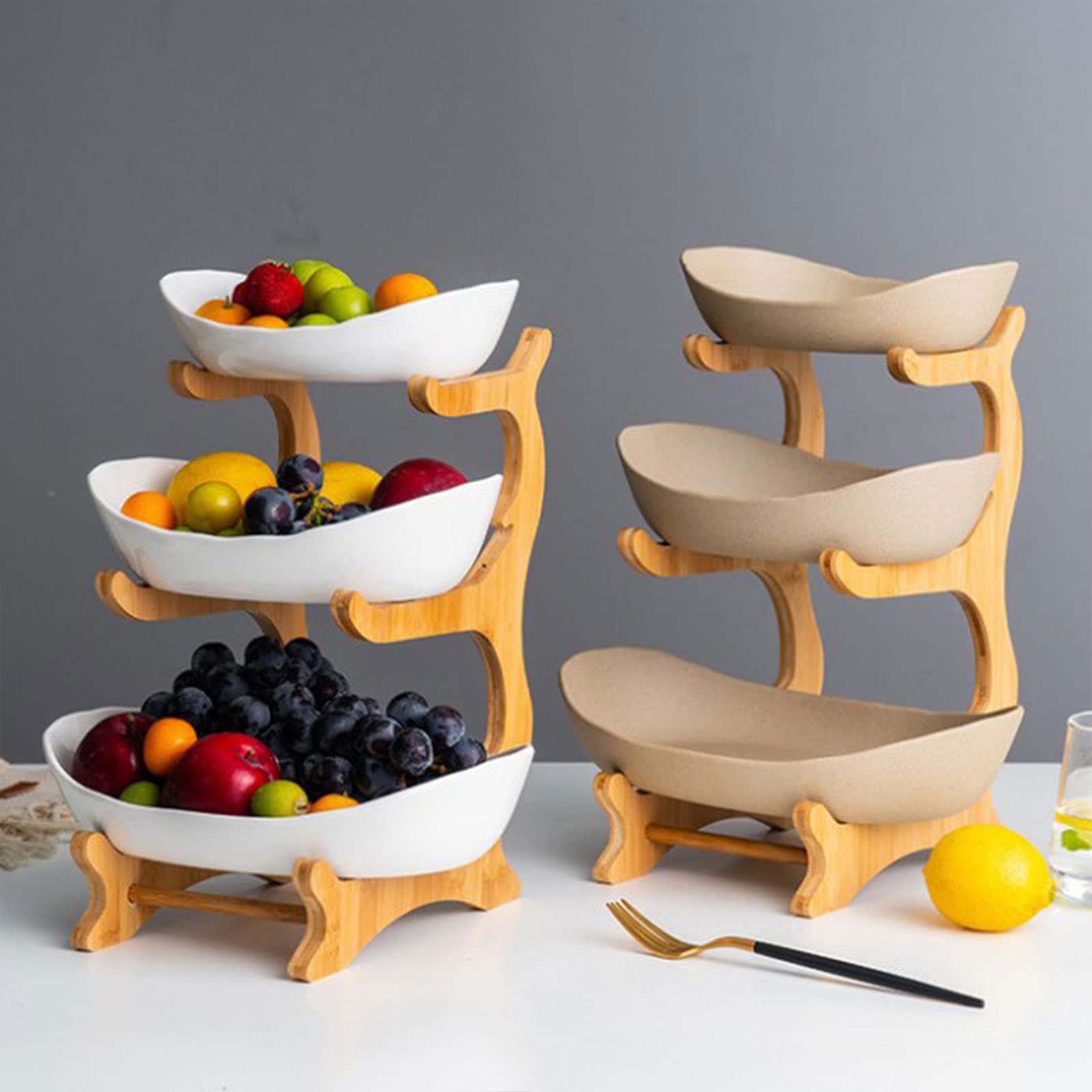 Lmaray Ceramic Fruits Bowls - White 3 Tier Oval Bowl Set with Natural Bamboo Rack, Tiered Ceramic Serving Tray Set for Sushi, Dessert, Fruit, Vegetables, Appetizer, Cake, Candy, Chip Dip (White)