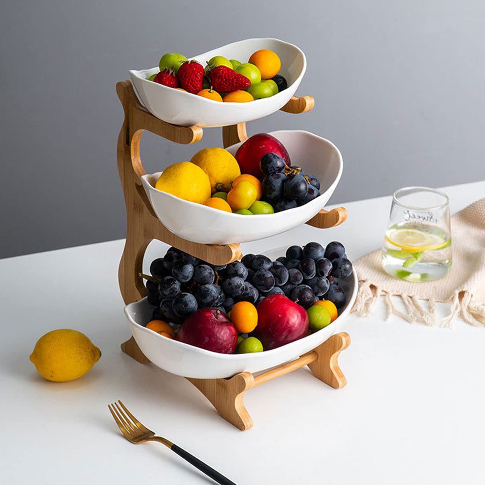 Lmaray Ceramic Fruits Bowls - White 3 Tier Oval Bowl Set with Natural Bamboo Rack, Tiered Ceramic Serving Tray Set for Sushi, Dessert, Fruit, Vegetables, Appetizer, Cake, Candy, Chip Dip (White)