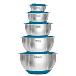 viking culinary stainless steel mixing bowl set, 10 piece, non-slip silicone base, includes airtight lids, dishwasher safe, teal