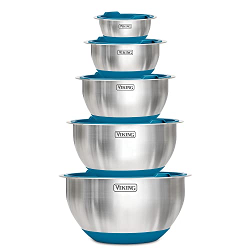 VIKING Culinary Stainless Steel Mixing Bowl Set, 10 piece, Non-slip Silicone Base, Includes Airtight Lids, Dishwasher Safe, Teal