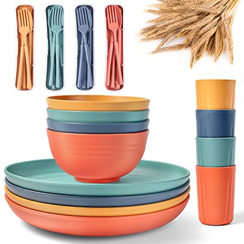 RHM 32Pcs Wheat Straw Dinnerware Sets for 4 - Kids Unbreakable Plates and Bowls Sets, Microwave & Dishwasher Safe Cutlery Sets for Outdoor Camping, Picnic, RV, Dorm (Mixed Color)