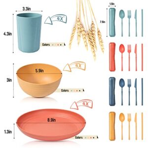 RHM 32Pcs Wheat Straw Dinnerware Sets for 4 - Kids Unbreakable Plates and Bowls Sets, Microwave & Dishwasher Safe Cutlery Sets for Outdoor Camping, Picnic, RV, Dorm (Mixed Color)