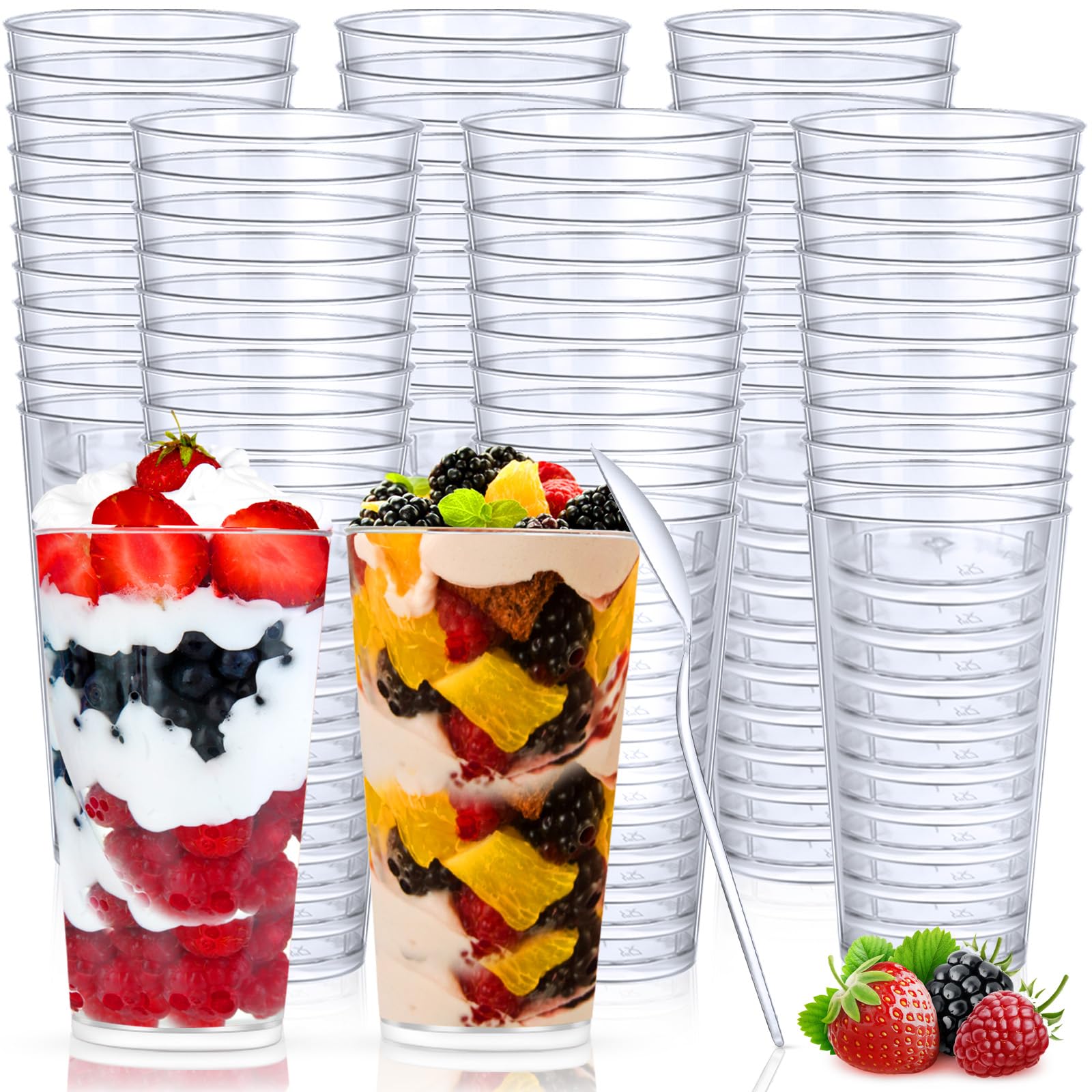 CHENGU 3 oz Clear Plastic Mini Dessert Cups with Spoons Shooter Round Dessert Cups Parfait Appetizer Cups Shot Glasses Disposable Tall Tumbler Shot Dessert Cups for Tasting Party Sample(200)